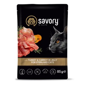 SAVORY CAT STERILISED TURKEY CARROTS IN JELLY 85G saszetka dla kota