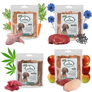 Hilton zestaw 4x80g naturalne przysmaki dla psa kaczka wołowina dziczyzna królik