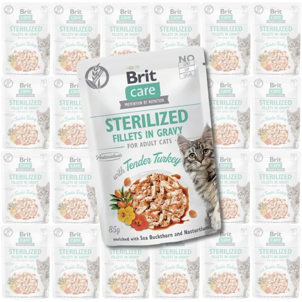Brit Care Cat FG Sterylized Tender Turkey Pouch ZESTAW 24x85g kawałki w sosie karma dla kota