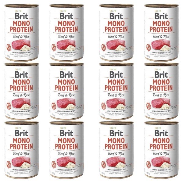 BRIT MONO PROTEIN beef & rice WOŁOWINA karma mokra w puszce dla psa zestaw 12x400g
