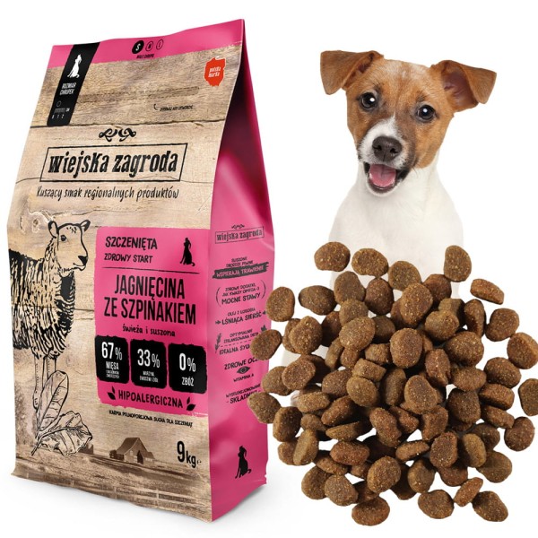 Wiejska Zagroda Karma sucha dla psa Jagnięcina ze szpinakiem (szczeniak) chrupki S 9kg