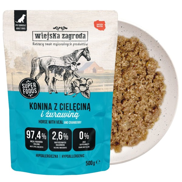 Wiejska Zagroda Karma mokra dla psa Konina z cielęciną (dorosły) 500g