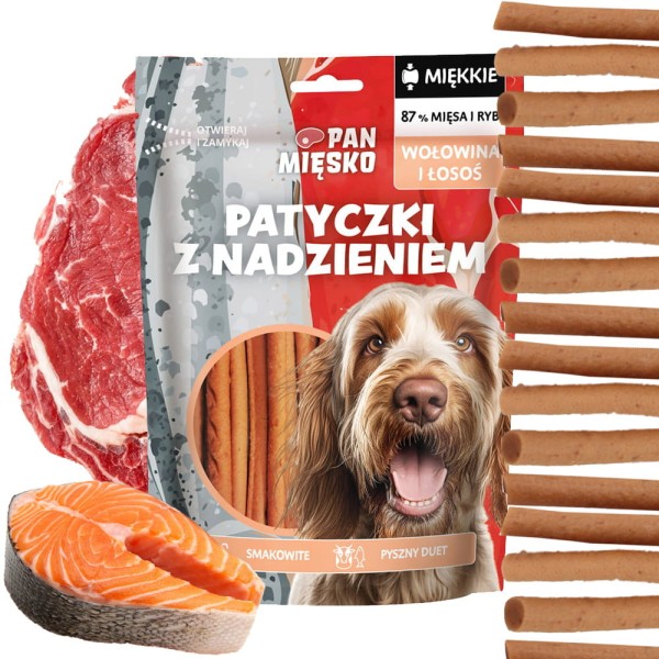 Pan Mięsko Przysmak dla psa Patyczki z nadzieniem Wołowina i łosoś (dorosły) 100g