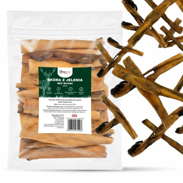 Przysmak dla psa Skóra z Jelenia bez włosa 100% Naturalny Gryzak GACZOO 200g