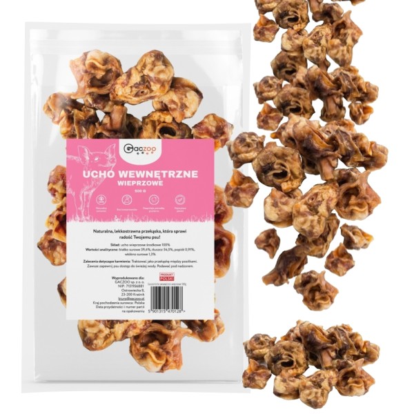 Przysmak dla Psa Ucho Wewnętrzne Środkowe Wieprzowe 100% NaturalnyGACZOO 500g