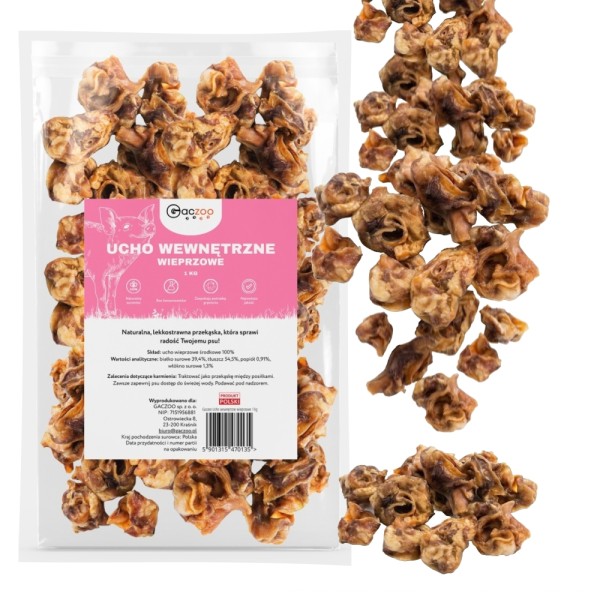 Przysmak dla Psa Ucho Wewnętrzne Środkowe Wieprzowe 100% Naturalny GACZOO 1kg