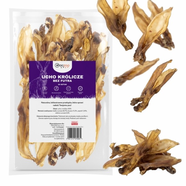 Przysmak dla psa Ucho Królicze bez Futra 100% Naturalny Gryzak 20 sztuk GACZOO