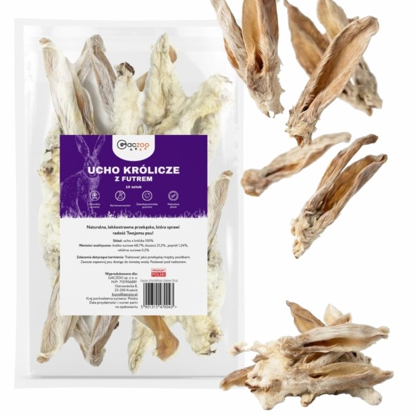 Przysmak dla psa Ucho Królicze z futrem 100% Naturalny Gryzak 10 sztuk GACZOO