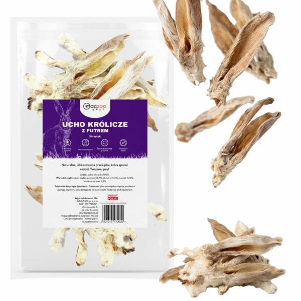 Przysmak dla psa Ucho Królicze z futrem 100% Naturalny Gryzak 20 sztuk GACZOO