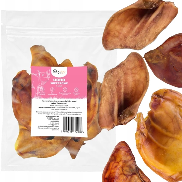 Przysmak dla Psa Ucho Wieprzowe rozmiar 100% Naturalny GACZOO 5 sztuk