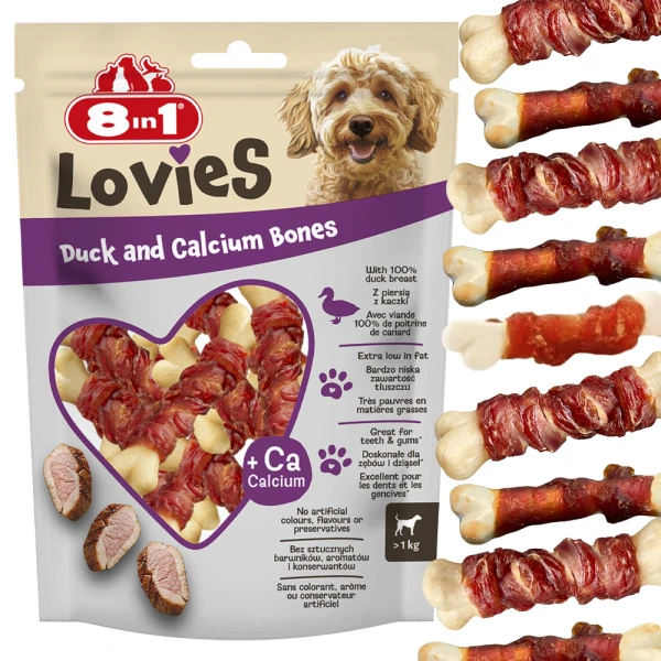 8IN1 LOVIES Przysmak dla psa kostki wapń i mięso z piersi z kaczki 80g 
