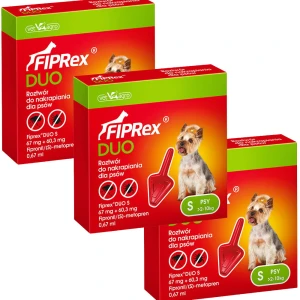 Fiprex DUO S KROPLE od pcheł kleszczy dla psa 2-10kg 3x0,67ml na 90dni
