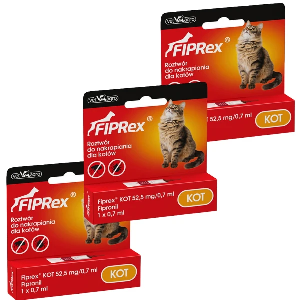 Fiprex KROPLE na Pchły Kleszcze dla Kota 3x0,7ml Ochrona na 90 dni