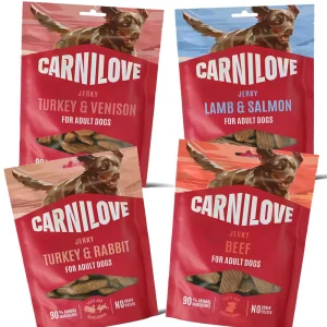 Carnilove JERKY 4x100g Mix Smaków Indyk z Jeleniem Jagnięcina z Łososiem Wołowina Królik