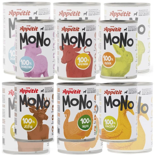Comfy Appetit Mono Monoproteinowa Karma Mokra Dla Psa Puszka Zestaw 12 sztuk MIX 400g