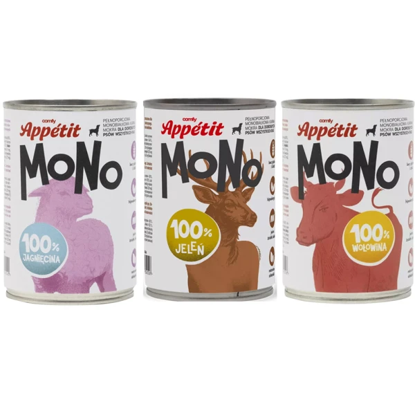 Comfy Appetit Mono Monoproteinowa Karma Mokra Dla Psa Puszka Zestaw 3 sztuk MIX mięso 400g