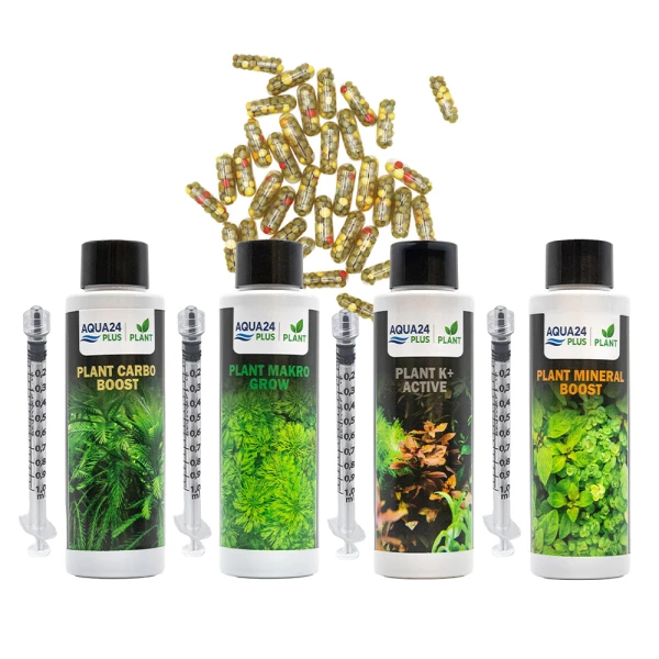 AQUA24 PLUS Zestaw Nawozów Makro Mineral Boost Potas Carbo 4x100ml + Caps Boost 20szt 