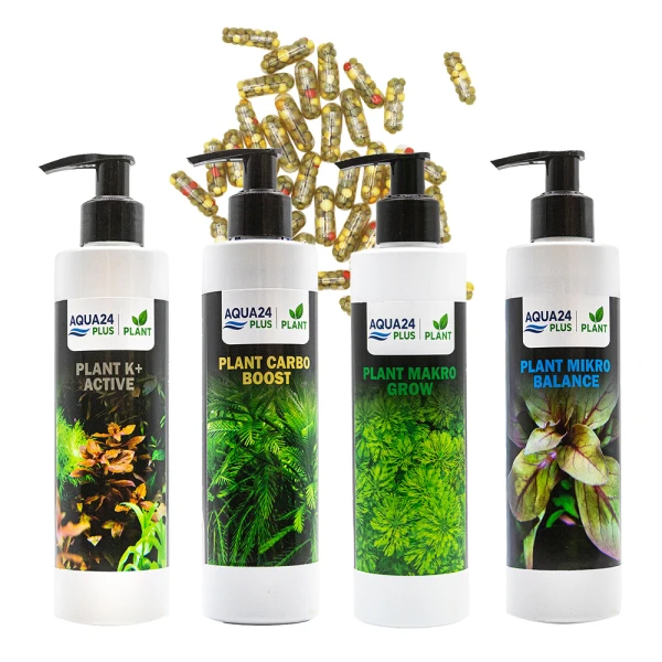 AQUA24 PLUS Zestaw Nawozów Makro Mikro Carbo Potas + Caps 40szt 4x250ml