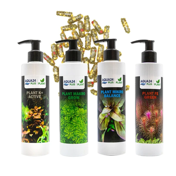 AQUA24 PLUS Zestaw Nawozów Makro Mikro Potas Żelazo + Caps 40szt 4x250ml