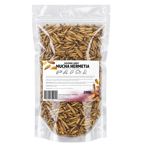Suszone Larwy Muchy Hermetia Czarny Żołnierz 200g dla Gadów Ryb Ptaków