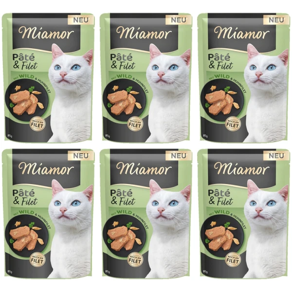 MIAMOR Pâté & Filet Dziczyzna Kurczak 6x85g Saszetka Karma Mokra dla Kotów