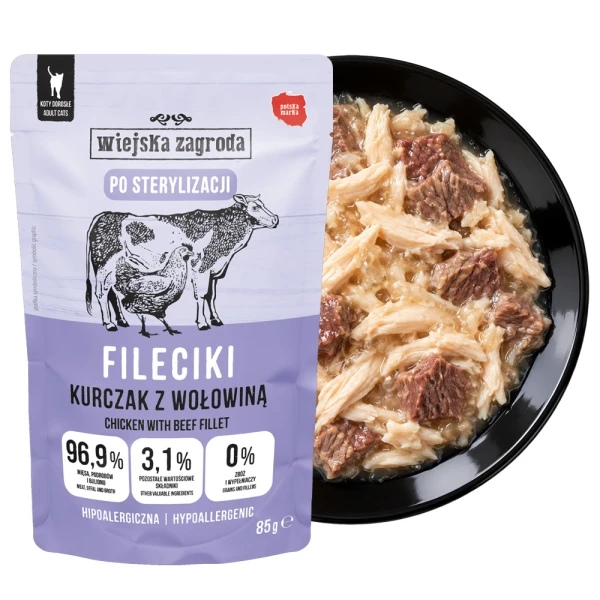 WIEJSKA ZAGRODA Fileciki Kurczak Wołowina 85g dla Kotów Sterylizowanych