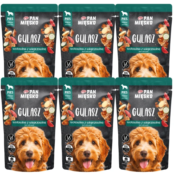 PAN MIĘSKO Gulasz Wołowina Wieprzowina 6x150g Karma Mokra dla Psów Dorosłych